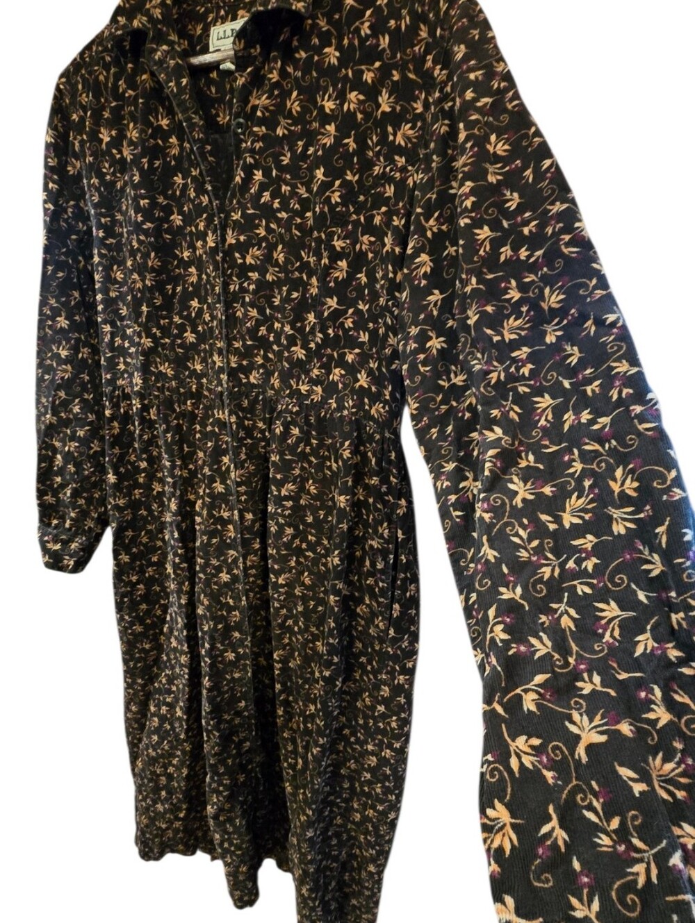 Vintage 90s L.L. Bean Floral Corduroy Button-Down Midi Dress Dark Brown Sz 10 - Picture 6 of 10